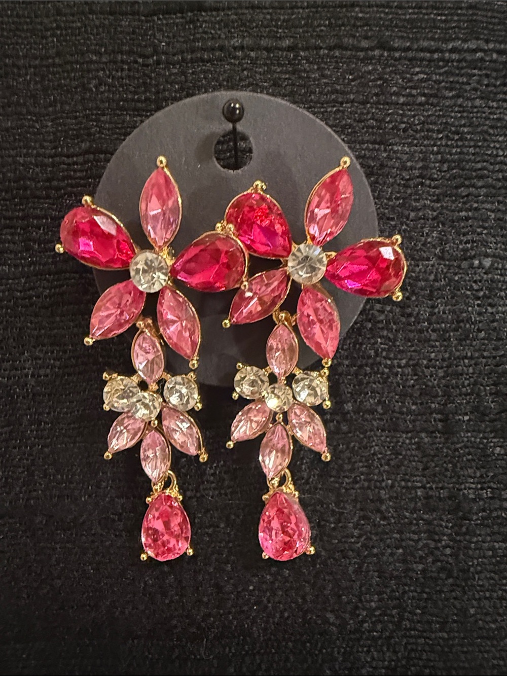 Pink Rhinestone Floral Dangle Statement Earrings Gold Tone NWOT